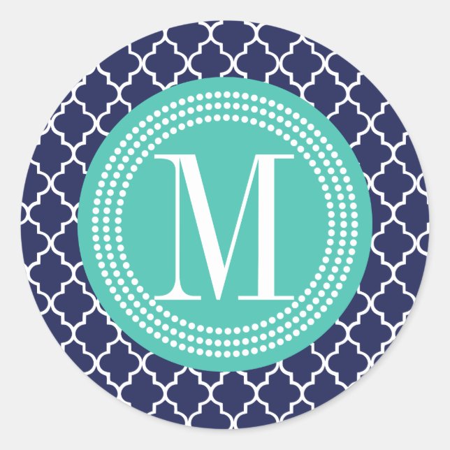 Navy Moroccan Tiles Lattice Personalised Classic Round Sticker (Front)