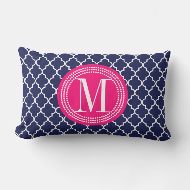 Navy Moroccan Tiles Lattice Personalised Lumbar Cushion (Front)