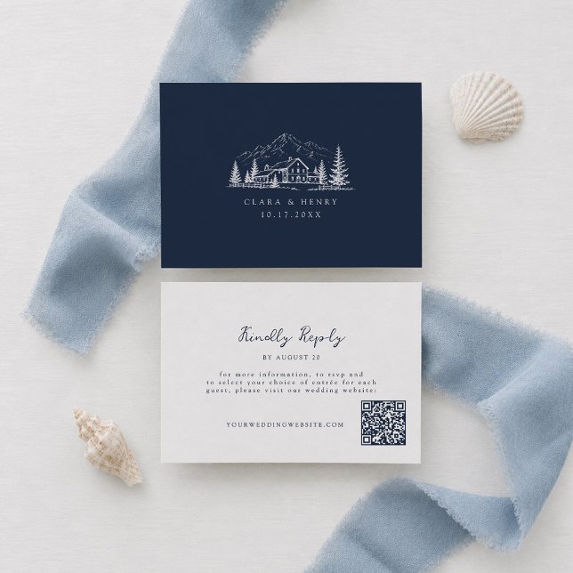 Navy Mountain QR Code Wedding RSVP Card (Creator Uploaded)