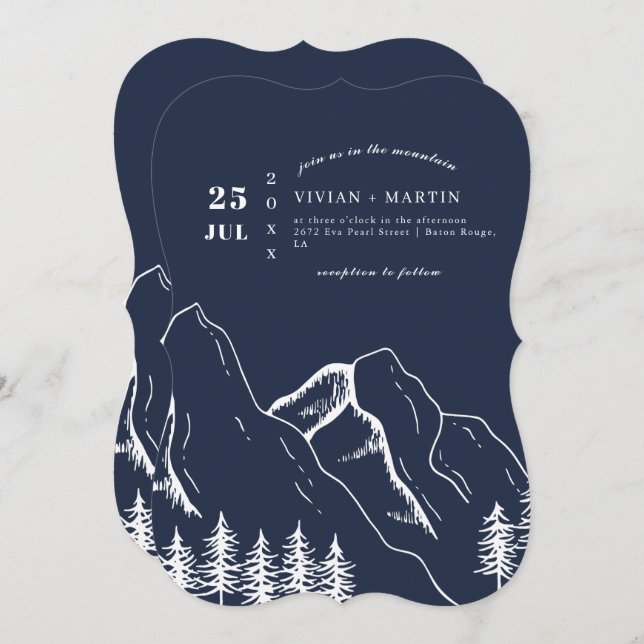 Navy Mountains Pine Tree Outdoor Wedding Invitation (Front/Back)