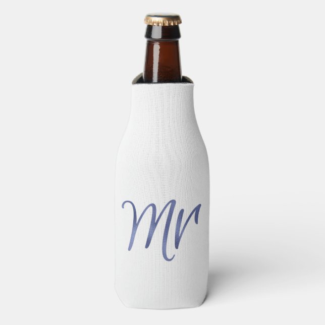 Navy Mr, elegant script, faux foil Bottle Cooler (Bottle Front)