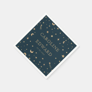Navy Mystical Gold Stars Moon Astronomy Wedding  Napkin