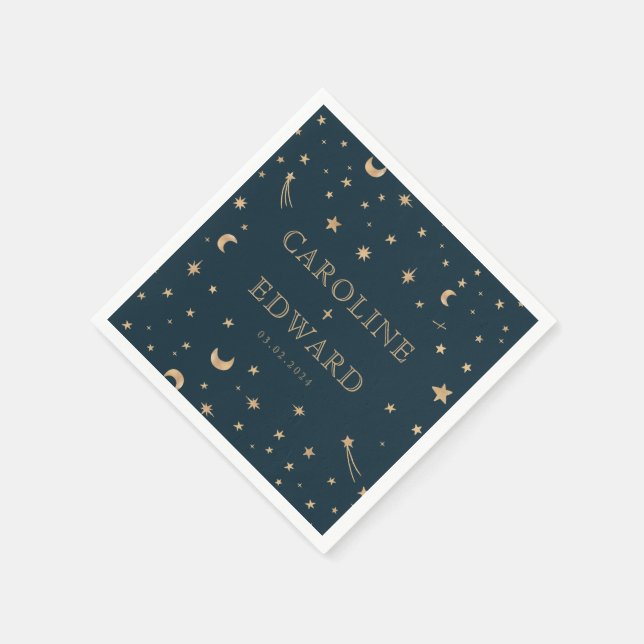Navy Mystical Gold Stars Moon Astronomy Wedding  Napkin (Corner)