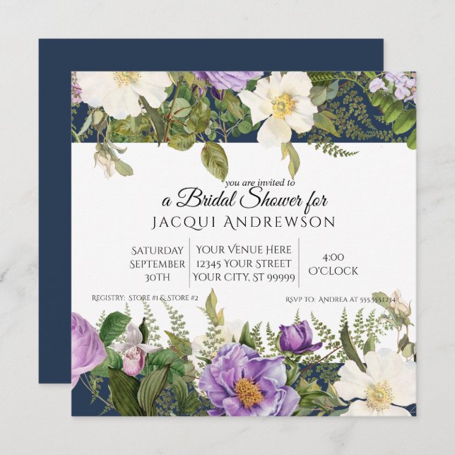 Navy n Lavender Ivory Roses Floral Bridal Shower Invitation (Front/Back)