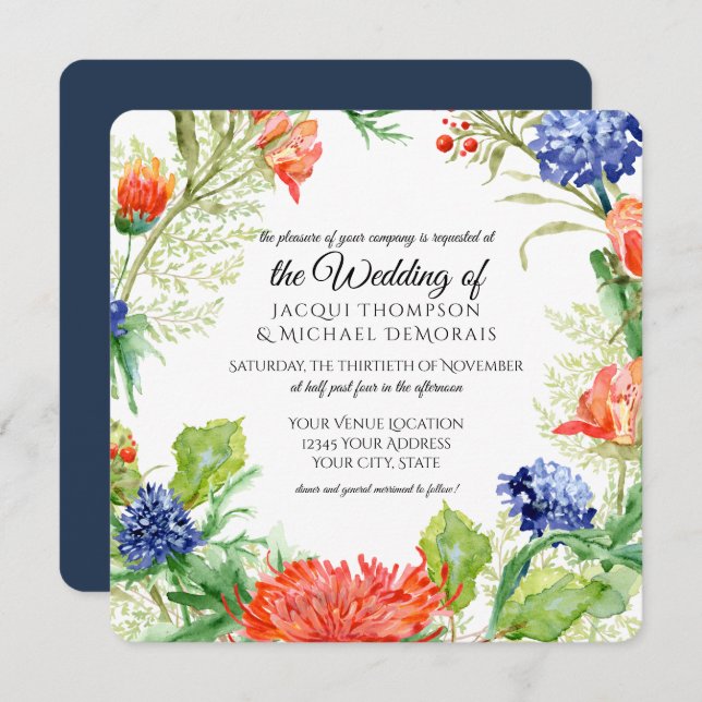 Navy n Orange Coral Mums Thistles Botanical Floral Invitation (Front/Back)