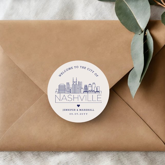 Navy Nashville Skyline | Wedding Welcome  Classic Round Sticker (Creator Uploaded)
