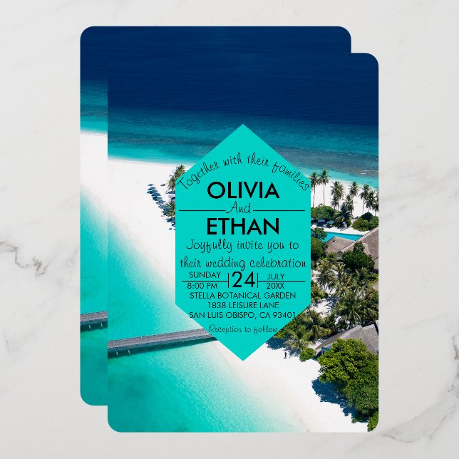 Navy nature seaside island Wedding Foil Invitation (Front/Back)