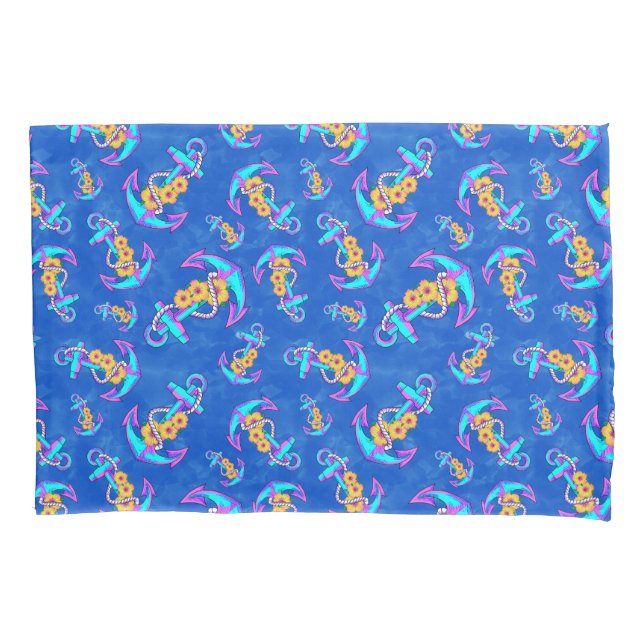 Navy Nautical Anchor Beach Coastal Pillowcase (Front)