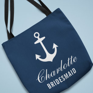 Navy Nautical Anchor Custom Wedding Bridesmaid Tote Bag