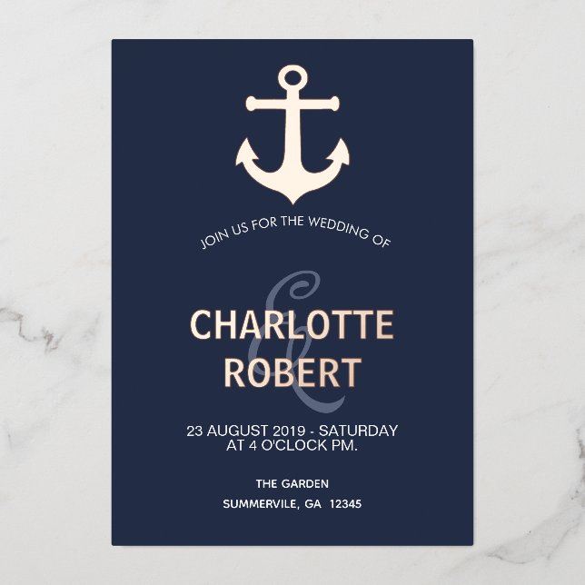 Navy Nautical Anchor Modern Beach Wedding Gold  (Front)