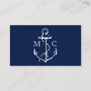 Navy Nautical Anchor Monogram Business Card