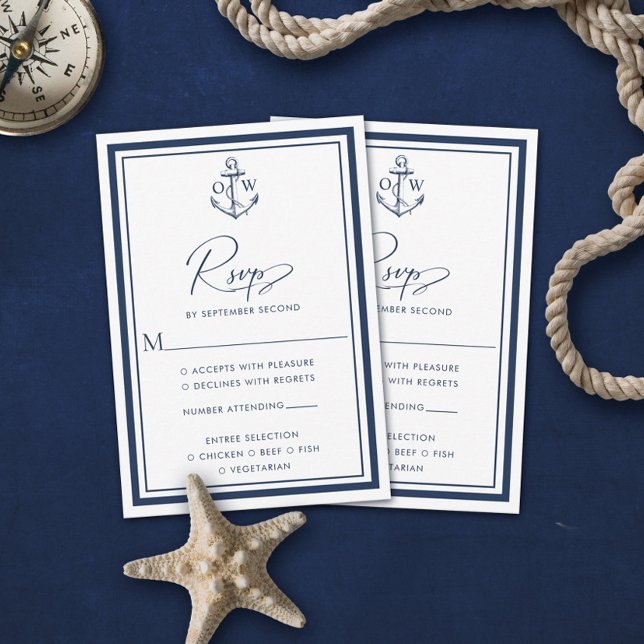 Navy Nautical Anchor Monogram Wedding RSVP Card (Creator Uploaded)