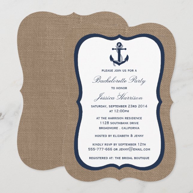 Navy Nautical Anchor On Burlap Bachelorette Party Invitation (Front/Back)