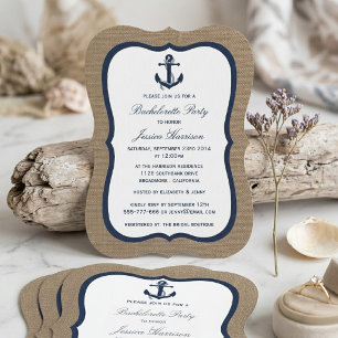 Navy Nautical Anchor On Burlap Bachelorette Party Invitation