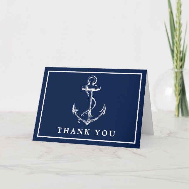 Navy Nautical Anchor Simple Photo Thank You Card (Front)