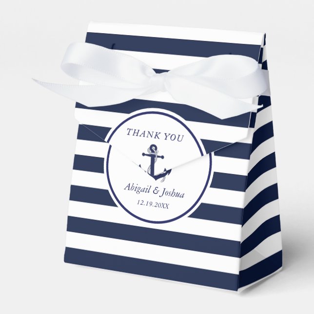 Navy Nautical Anchor Striped Wedding Custom Favour Box (Front Side)