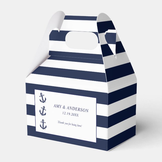 Navy Nautical Anchor Striped Wedding Custom Favour Box (Front Side)