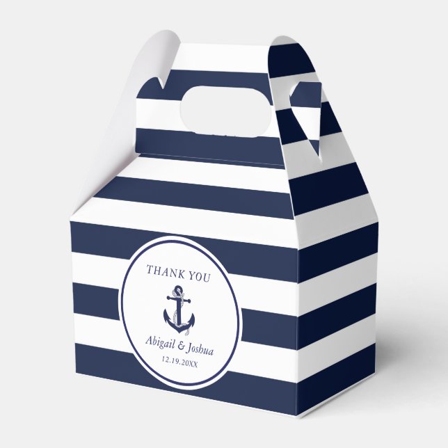 Navy Nautical Anchor Striped Wedding Custom Favour Favour Box (Front Side)