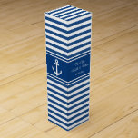 Navy nautical anchor wedding favour wine gift box<br><div class="desc">Elegant navy blue and white nautical anchor wedding favour wine gift box with striped pattern. Cute party favour for bride, groom, bridesmaids, groomsmen, guests, friends etc. Maritime sailing theme with anchors aweigh icons. Custom colour stripes design. Personalised with thank you message, name and date of marriage. Boat / ship anchors...</div>