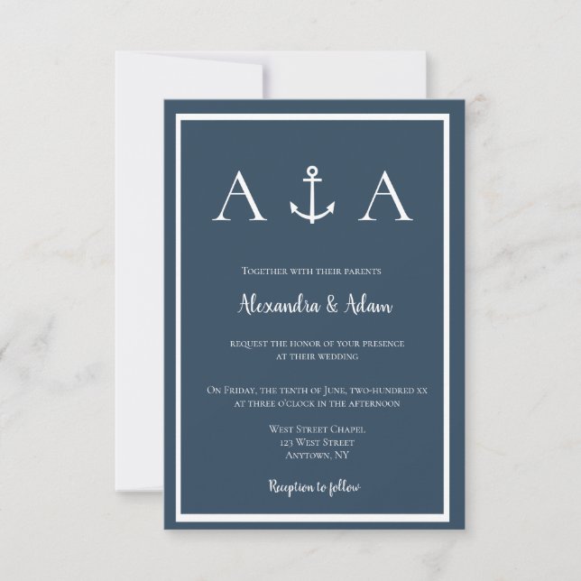 Navy nautical anchor wedding invitations (Front)