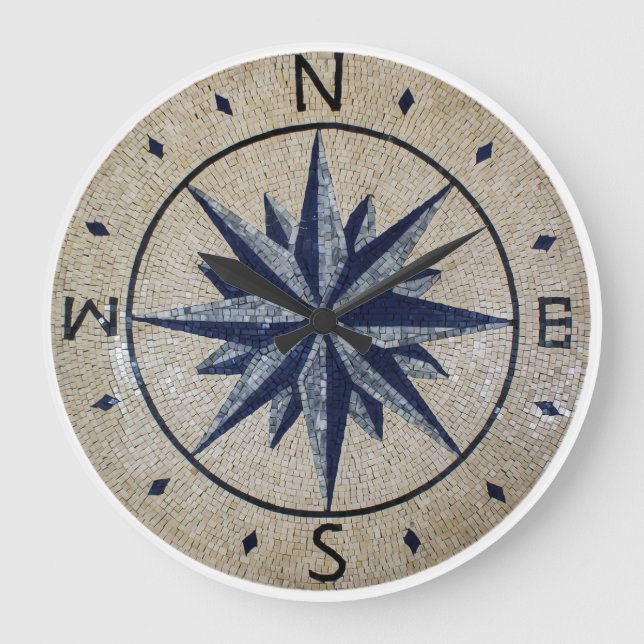 Navy Nautical Compass North south East West Marble Large Clock (Front)