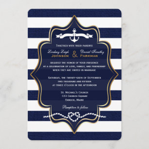Navy Nautical, FAUX Burlap Stripes Wedding 2 Invitation