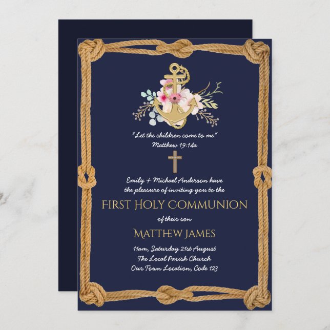 Navy Nautical First Communion Boy Girl Invitations (Front/Back)