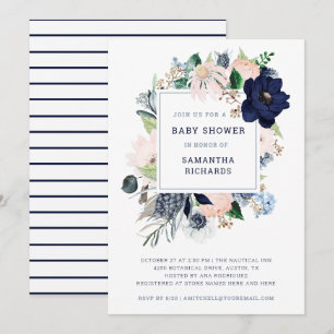 Navy Nautical Floral and Stripes   Baby Shower Invitation