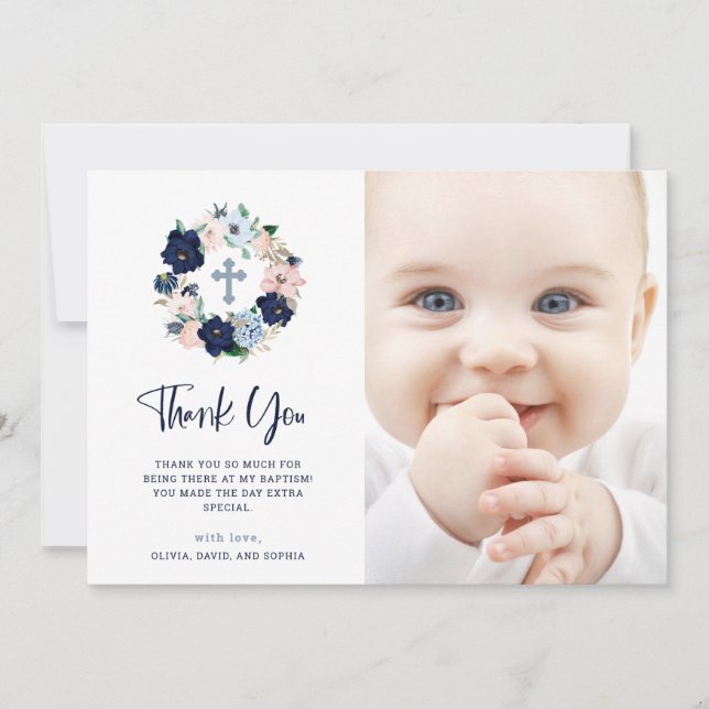 Navy Nautical Floral and Stripes | Photo Baptism Thank You Card (Front)