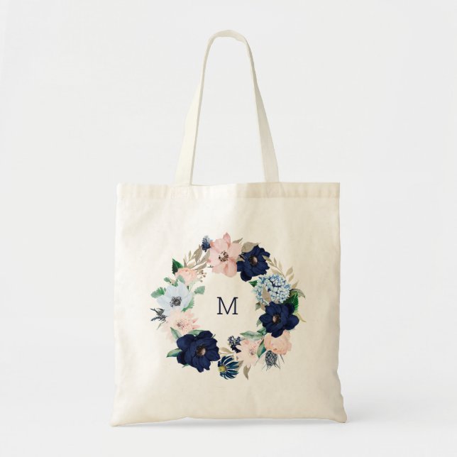 Navy Nautical Flowers | Monogram Bridesmaid Tote Bag (Front)