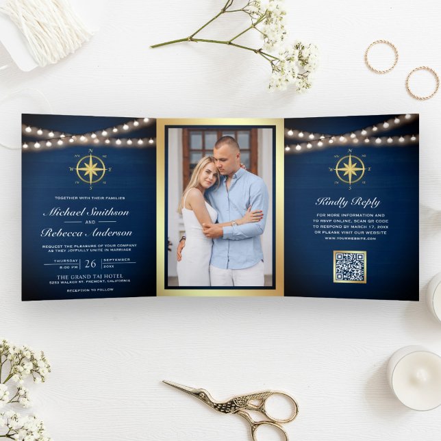 Navy Nautical Gold Compass QR Code Wedding Tri-Fold Invitation (Creator Uploaded)