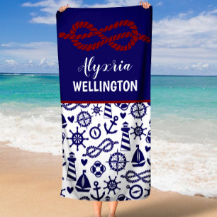 Navy Nautical Rope Personalised Beach Towel