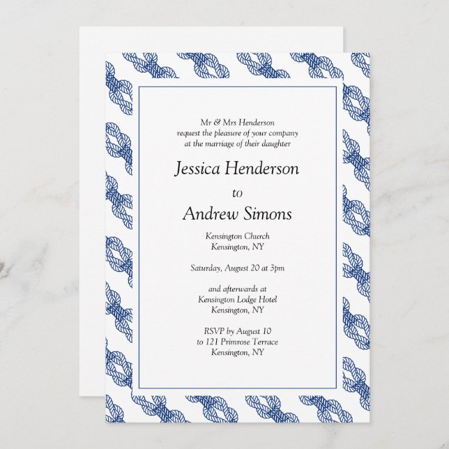 Navy Nautical Sailing Rope Wedding  Invitation (Front/Back)