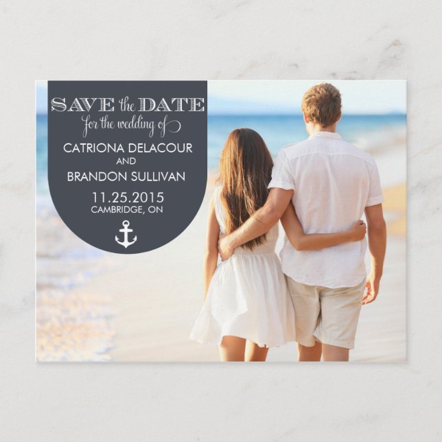 NAVY NAUTICAL SAVE THE DATE ANNOUNCEMENT POSTCARD (Front)