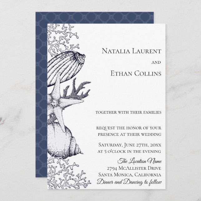 Navy Nautical Seashells Wedding Invitation (Front/Back)
