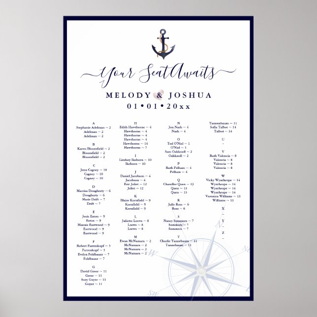 NAVY NAUTICAL SEATING CHART, ALPHABETICAL POSTER (Front)