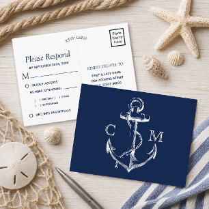 Navy Nautical Sketch Anchor Meal Choice RSVP Invitation Postcard