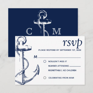 Navy Nautical Sketch Anchor No Children RSVP Invitation