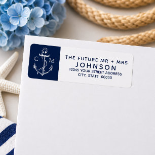 Navy Nautical Sketch White Anchor Monogram Return Address Label