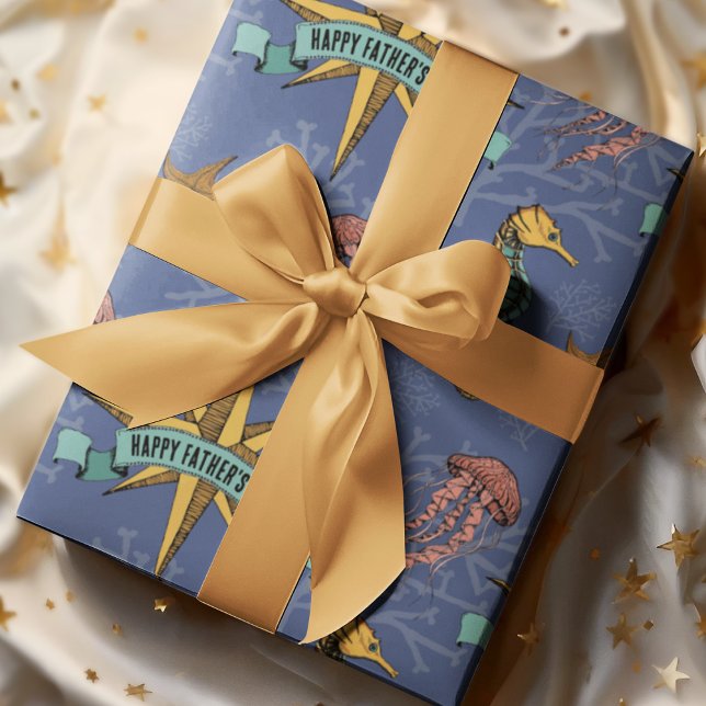 Navy Nautical Star Under the Sea Ocean Animals Wrapping Paper (Cool Nautical Hand-drawn Illustration in Black Ink with Beautiful Ocean Life Scene. Custom Text!)