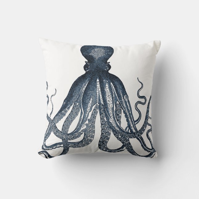 Navy Nautical Steampunk Octopus Vintage Kraken Cushion (Front)