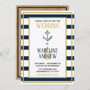 Navy Nautical Stripes Anchor Wedding Invitation