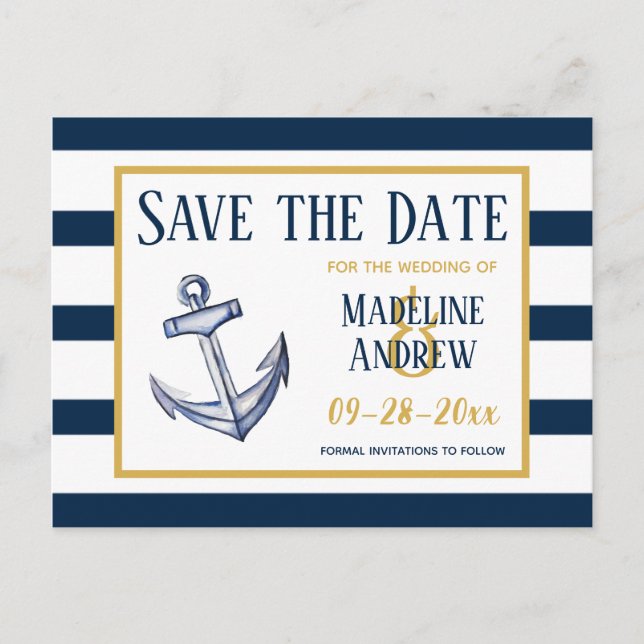 Navy Nautical Stripes and Anchor Save the Date Announcement Postcard (Front)