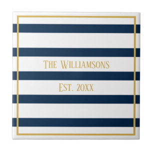 Navy Nautical Stripes Personalised Wedding Ceramic Tile