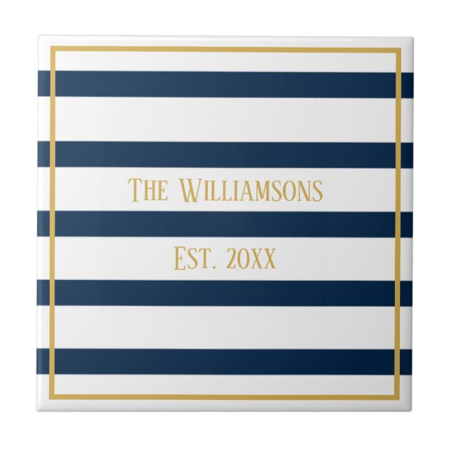 Navy Nautical Stripes Personalised Wedding Ceramic Tile (Front)