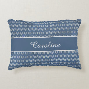 Navy Nautical Waves with Custom Name Coastal Home Decorative Cushion