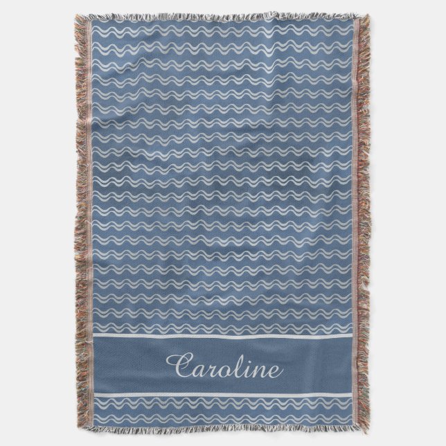 Navy Nautical Waves with Custom Name Coastal Home Throw Blanket (Front Vertical)