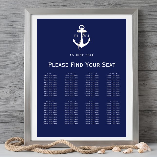 Navy Nautical Wedding Seating Chart Sign (Navy Nautical Wedding Seating Chart Sign)