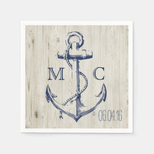 Navy Nautical White Anchor Rustic Wood Monogram Napkin
