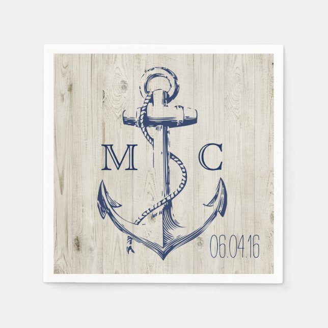 Navy Nautical White Anchor Rustic Wood Monogram Napkin (Front)
